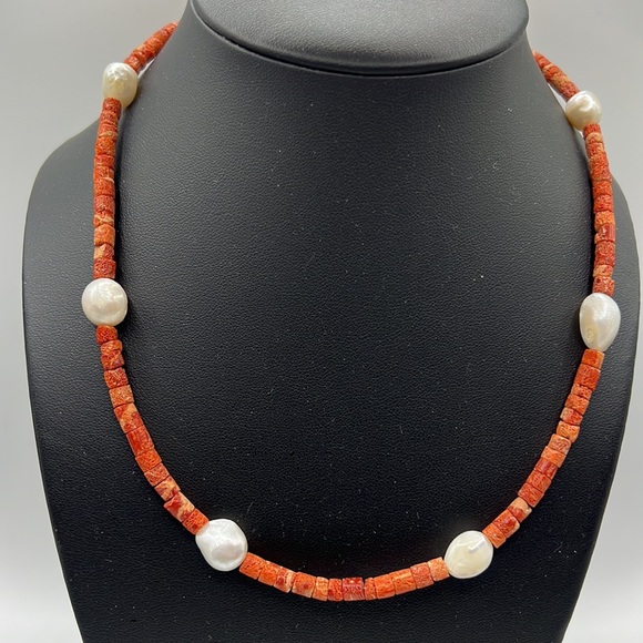 ARTISAN RED SPONGE CORAL, BAROQUE PEARL, & STERLING SILVER 18.5” NECKLACE - Picture 2 of 10